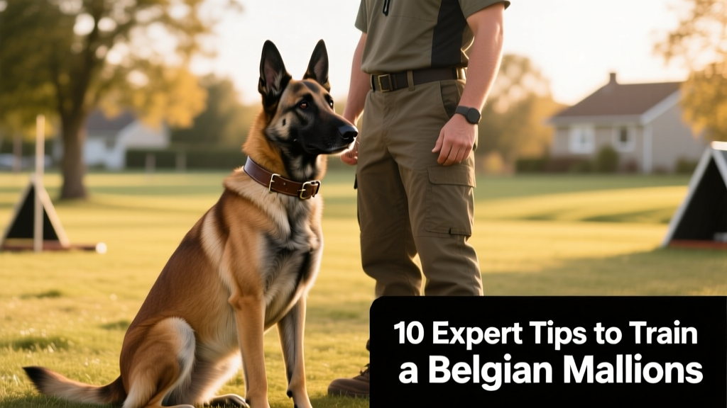 A focused Belgian Malinois sitting attentively beside its handler during an obedience session
