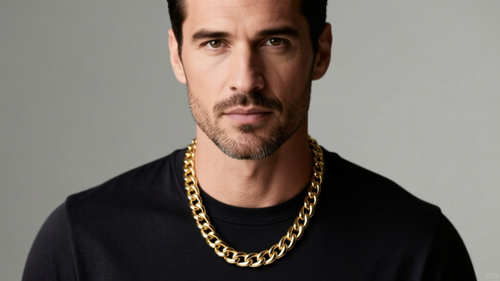 Portrait of a man wearing a 20-inch 4mm gold Cuban link chain resting on his collarbone over a dark t-shirt, soft studio lighting