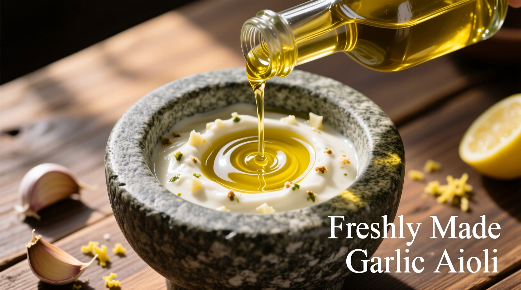 Freshly made garlic aioli in mortar with olive oil drizzle