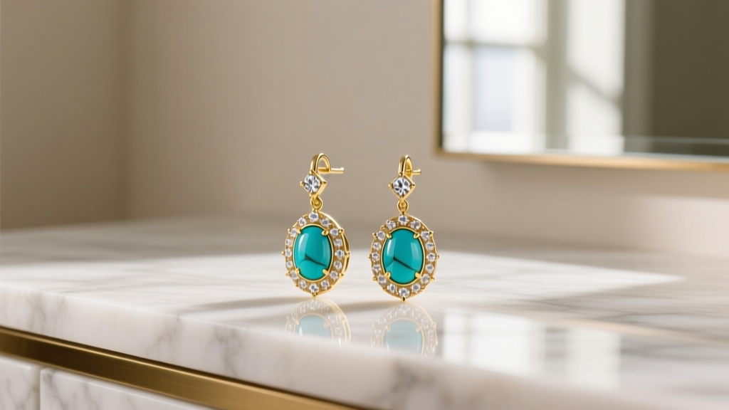 Gold-tone Vince Camuto drop earrings with turquoise resin and cubic zirconia accents resting on a bright marble vanity surface.
