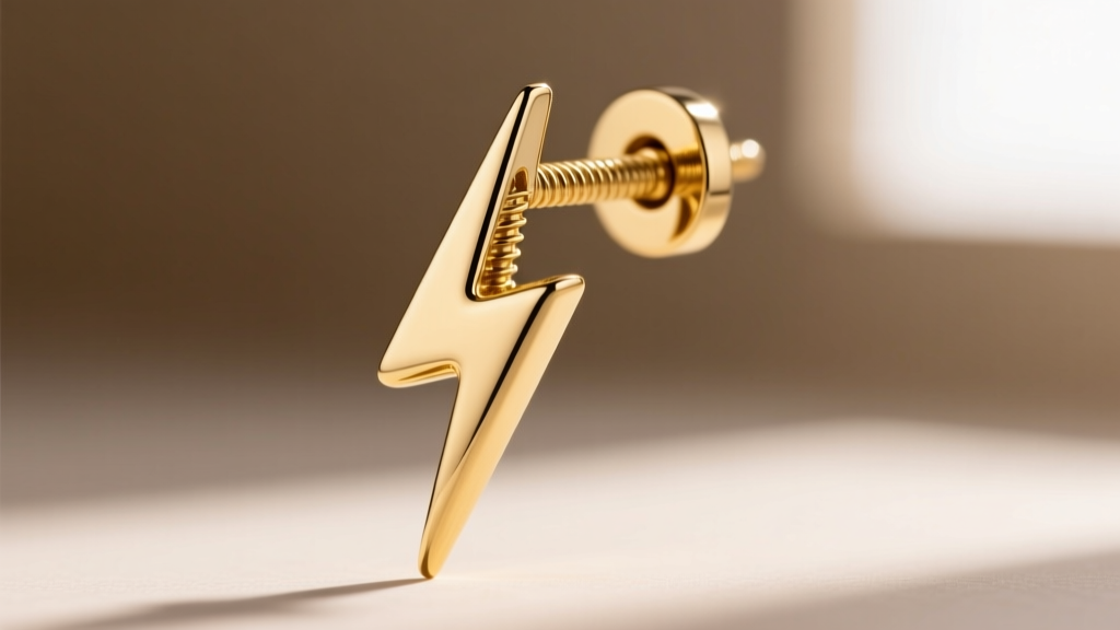 Close-up of a screw-back clasp on an 18k gold lightning bolt earring, showing the threading detail and high-polish finish.