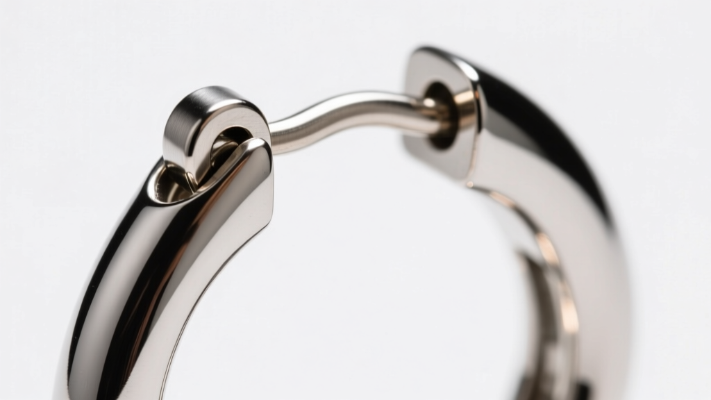 Close-up of a flat profile huggie earring hinge mechanism, showing the interlocking steel clasp under bright studio lighting.