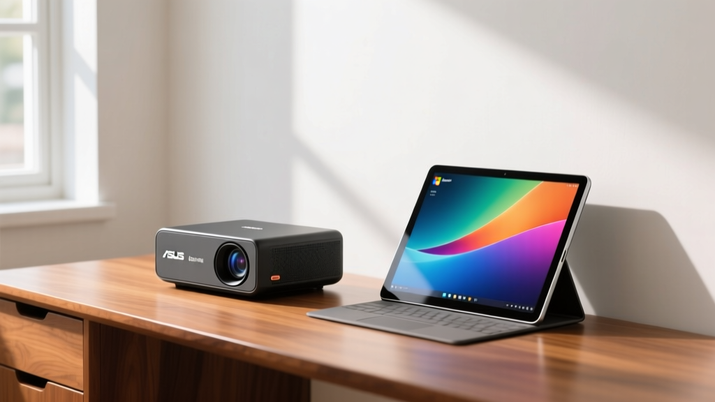 ASUS ZenBeam Latte L2 projector on a wooden desk next to a Surface Pro casting a vibrant 100-inch display onto a white wall.
