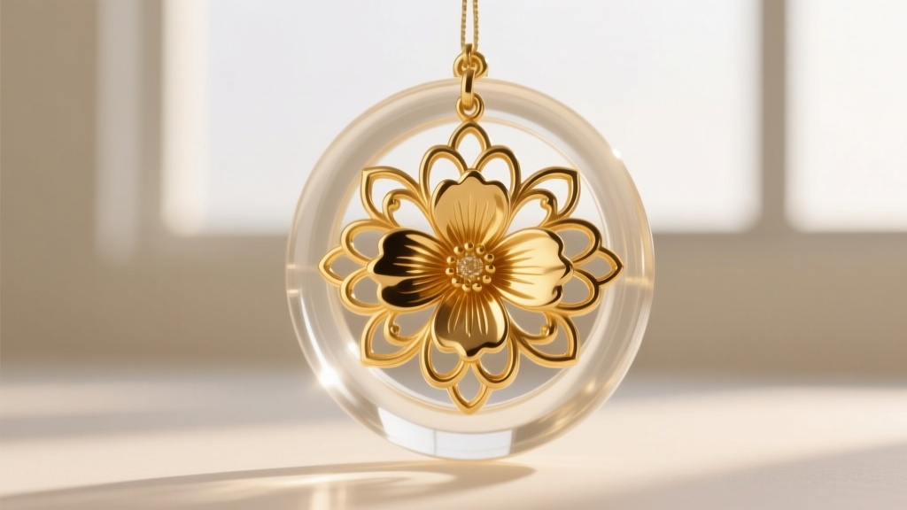 Macro photo of a 24k gold floral motif suspended inside a clear cast resin ring, showing the soft pure gold's intricate details