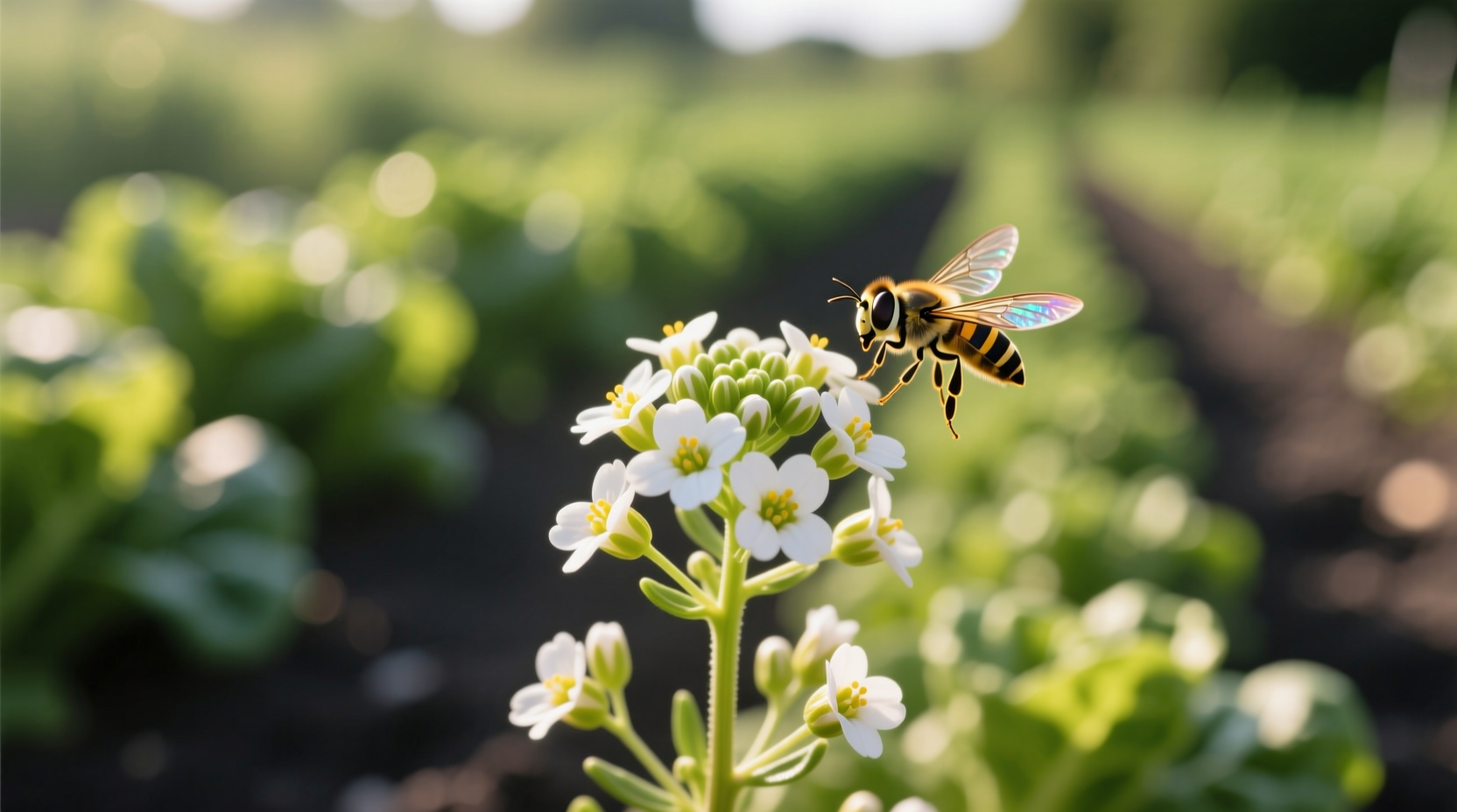 Sweet alyssum flowers attracting hoverflies for natural aphid control during early summer vegetable planting