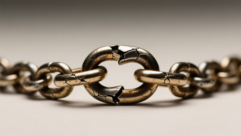 Macro shot of a worn 1.2mm snake chain showing stress fractures near the lobster clasp jump ring under bright studio lighting.