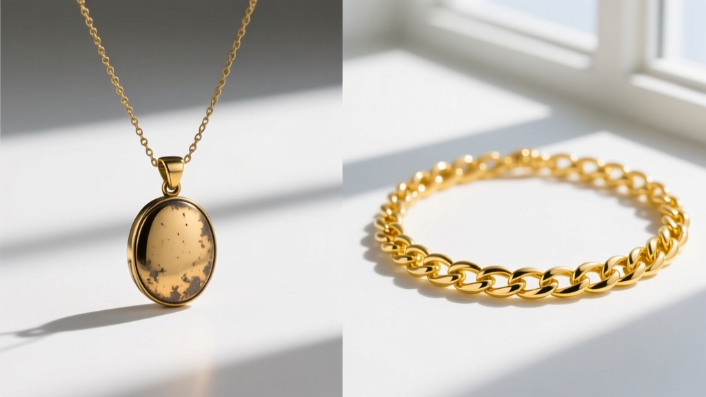 Side-by-side comparison of a tarnished brass-core gold plated pendant and a bright polished solid 14k yellow gold chain necklace