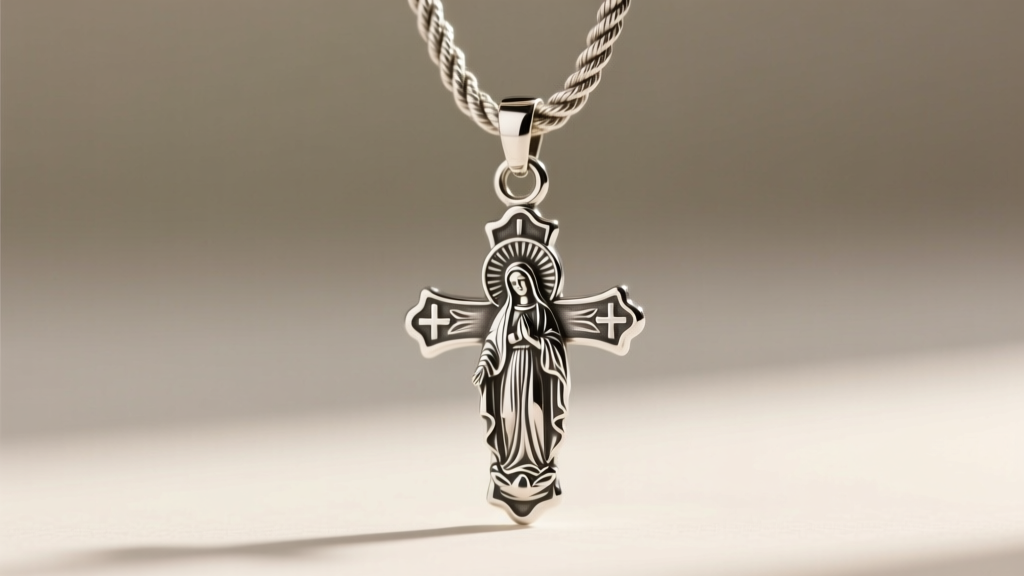 Macro shot of a sterling silver Virgin Mary medal pendant attached to a cross via a soldered jump ring on a textured rope chain.