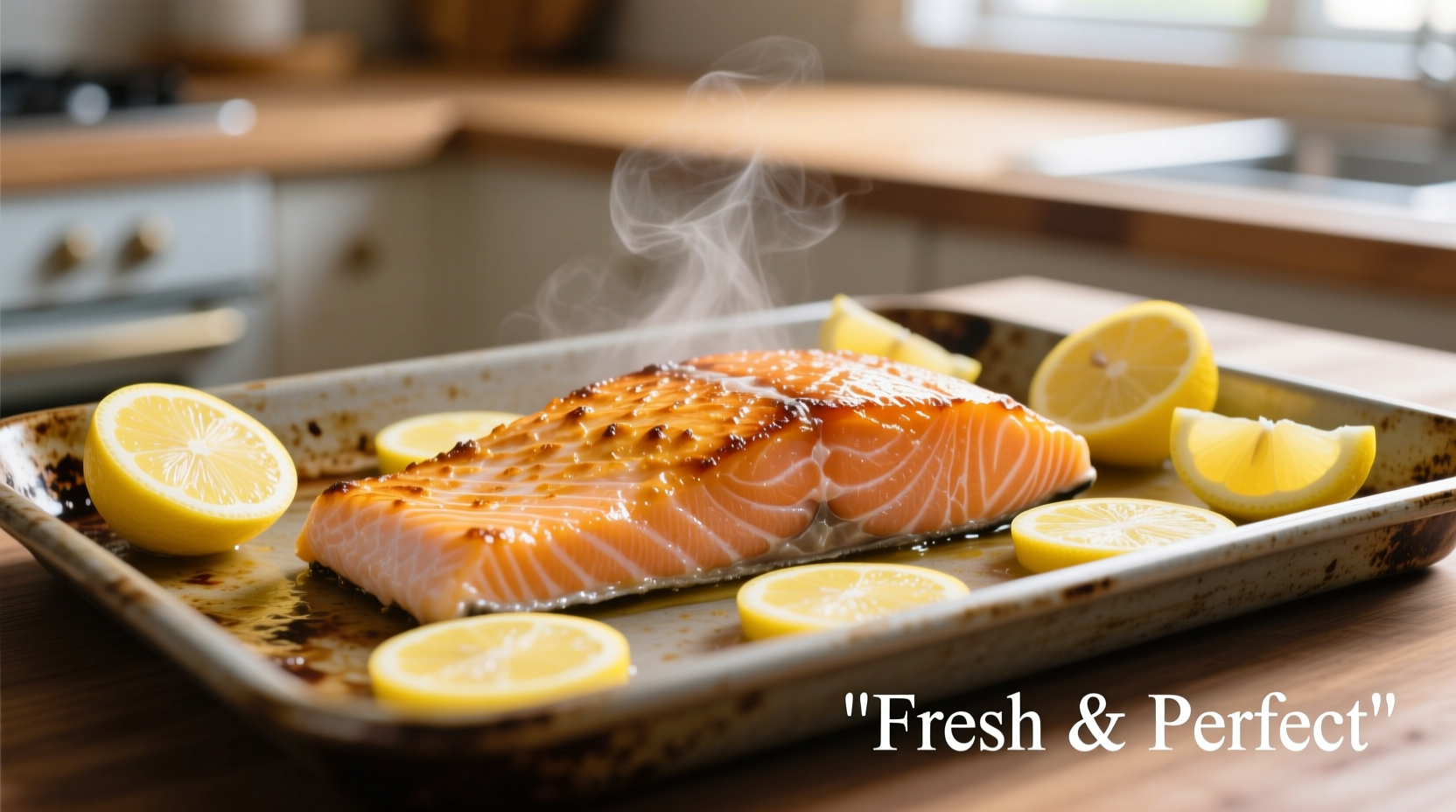 Perfectly cooked salmon fillet on baking sheet with lemon slices