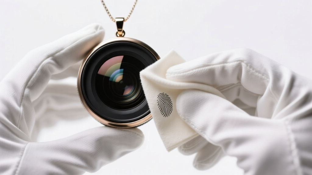 Close-up of white-gloved hands wiping a camera pendant lens with a microfiber cloth, macro photography, bright studio lighting.