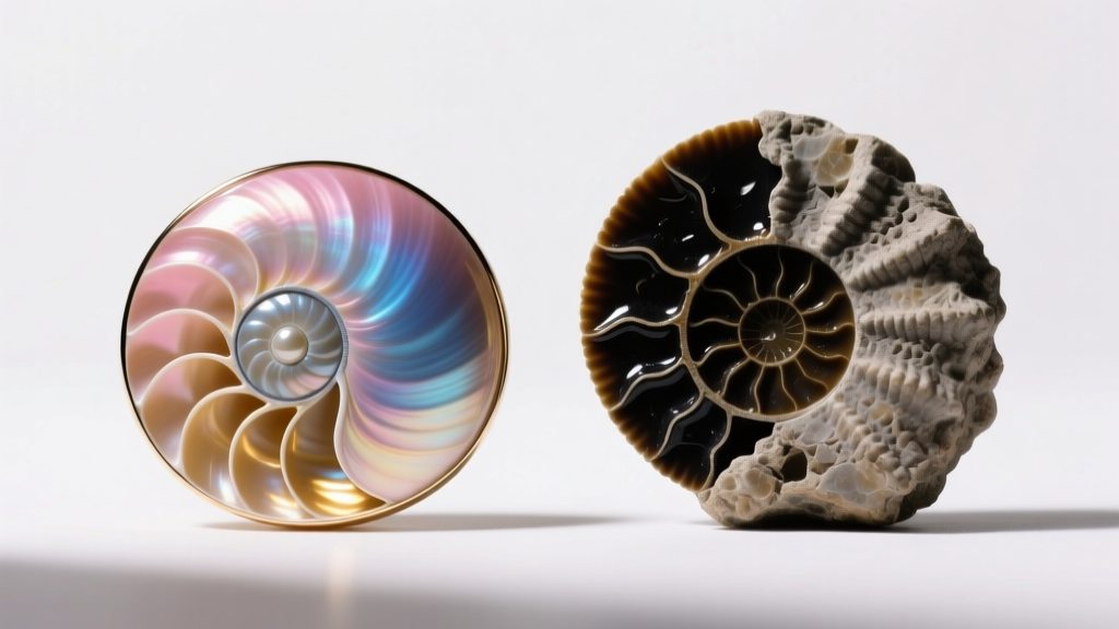 Macro shot comparing a modern nautilus shell cabochon with a rough orthoceras fossil slice, highlighting distinct chamber patterns.