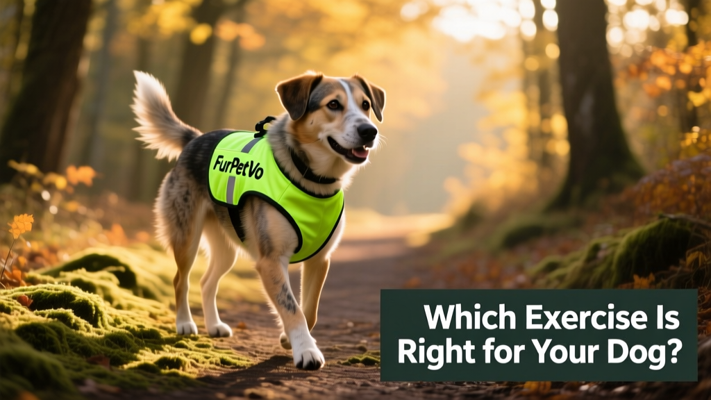 A mixed-breed dog wearing a FurPetVo reflective vest during a sunset walk, illustrating safe, age-appropriate outdoor exercise