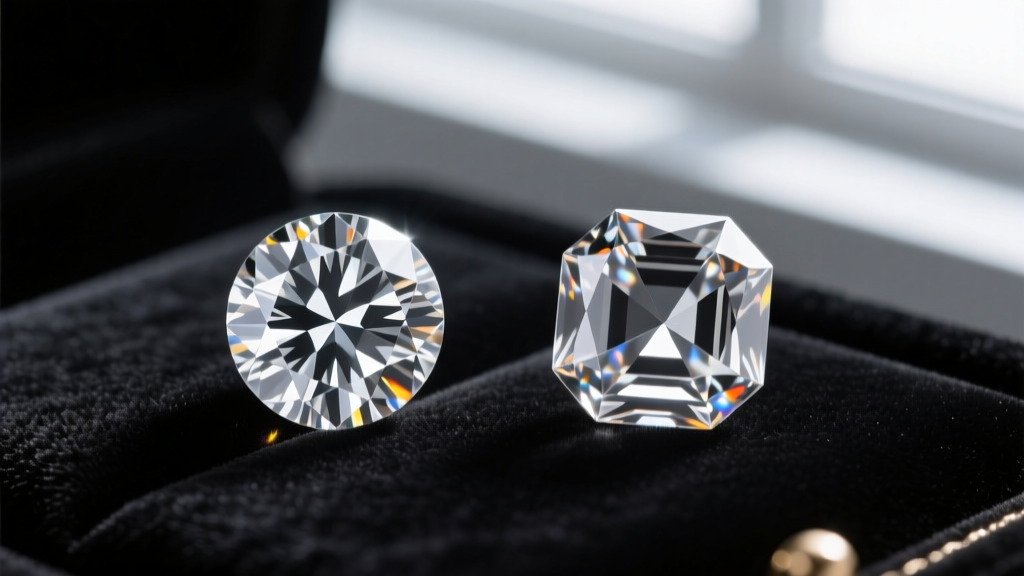 Macro view comparing a brilliant-cut Princess diamond and step-cut Asscher diamond side-by-side on a dark velvet jeweler's tray.