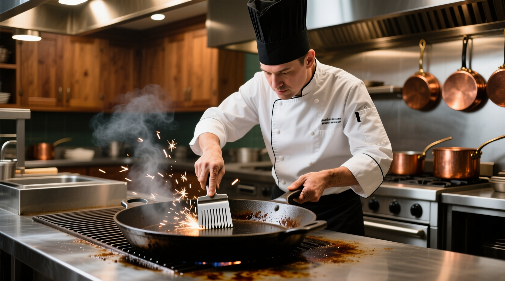 Professional chef cleaning cast iron griddle with metal scraper
