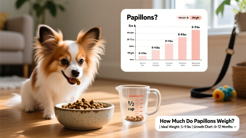 A Papillon happily eating from a shallow ceramic bowl filled with small-breed kibble, next to a measuring cup showing proper portion size