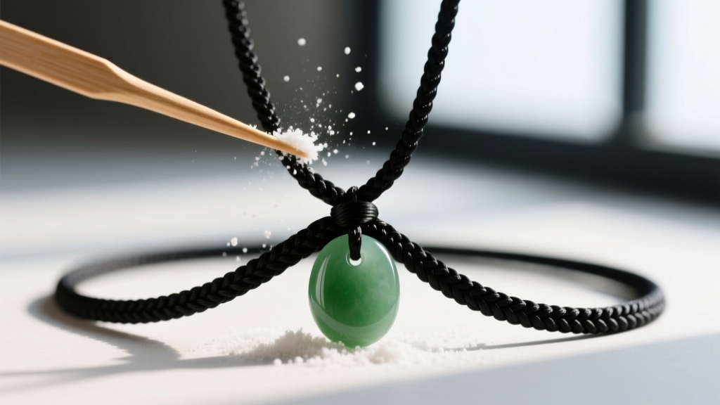Close-up of a tangled black silk cord necklace with a jade pendant, separated using a wooden toothpick and fine cornstarch dust.