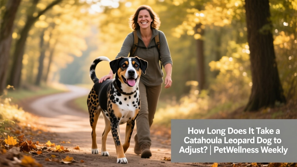 A happy Catahoula Leopard Dog walking confidently beside their owner on a tree-lined path