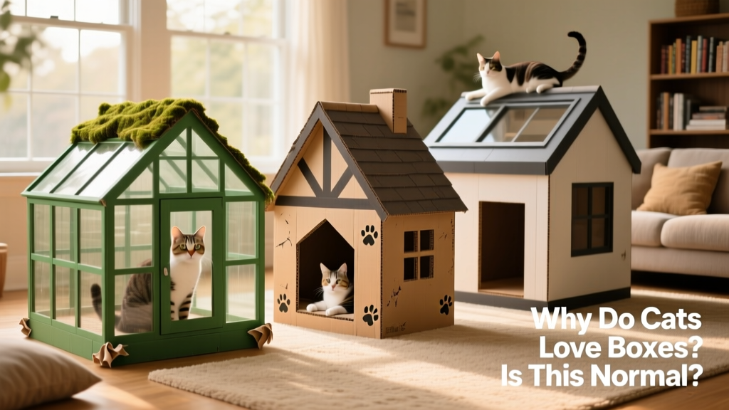 Three different FurPetVo cardboard cat houses arranged side-by-side on a living room floor: greenhouse, tudor, and penthouse styles
