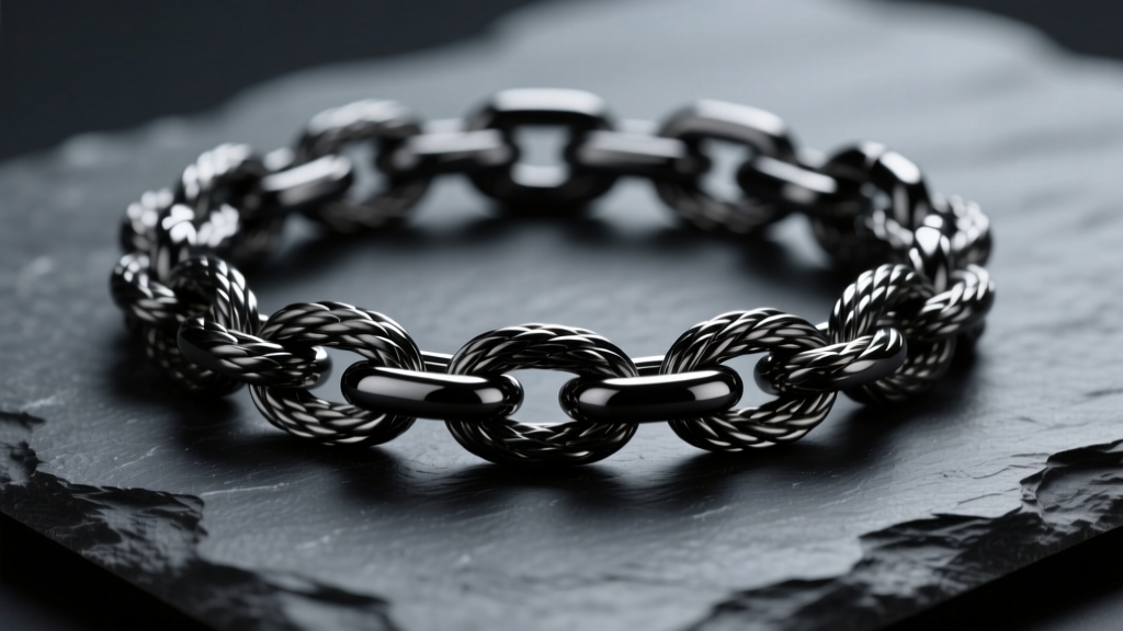 Macro shot of a black PVD coated titanium rope chain on dark slate, highlighting metallic luster and dark grey reflections.