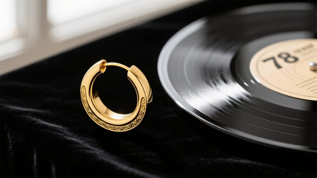 Macro shot of a 14k yellow gold continuous hoop earring, 30mm in diameter, resting on black velvet beside a vintage vinyl record.