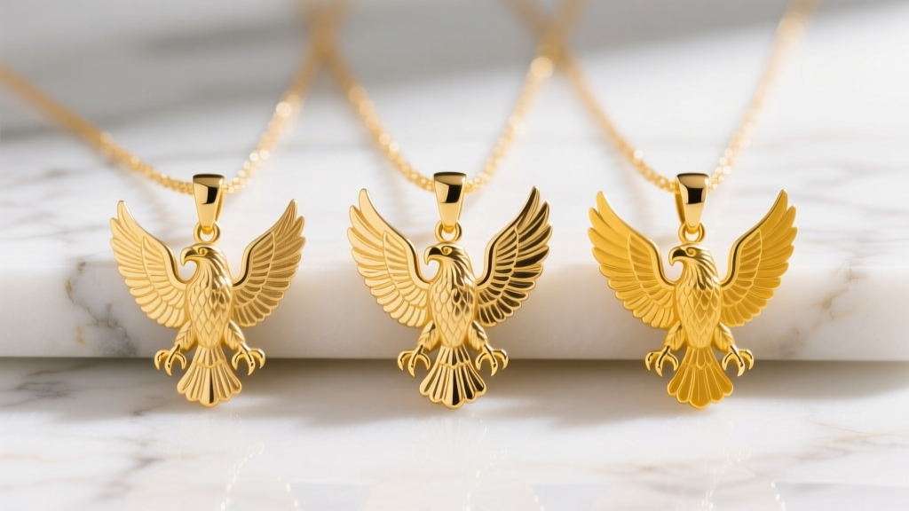 Three gold eagle pendants in 10k pale, 14k warm, and 18k rich yellow tones laid side-by-side on a bright white marble surface.