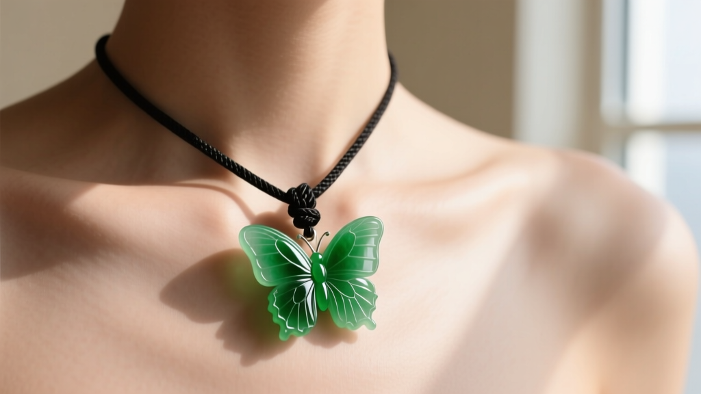 Small imperial green jadeite butterfly pendant on a knotted black silk cord, worn on a collarbone in bright natural daylight.