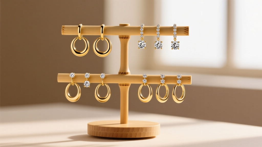 Top tier of a bamboo spinning earring holder displaying spaced gold huggies and diamond studs against a softly blurred background.