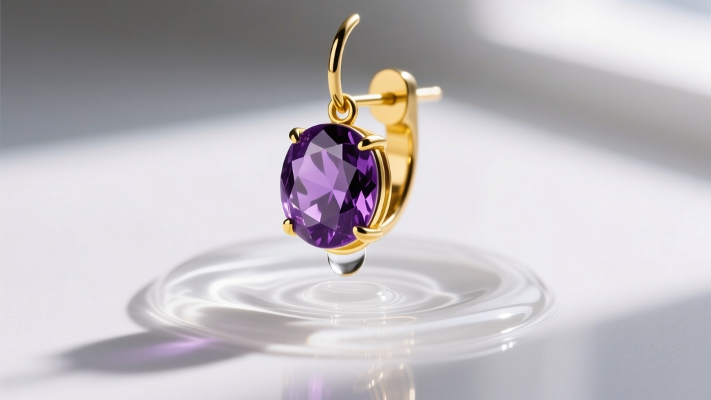 Soft brush cleaning 14k gold amethyst earring in soapy water, macro view of deep purple gem and polished yellow gold setting