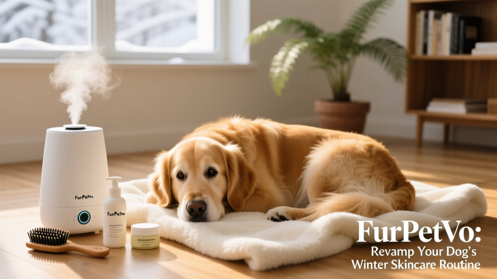 A happy, healthy dog curled up on a plush blanket beside a humidifier and grooming supplies labeled with the FurPetVo logo