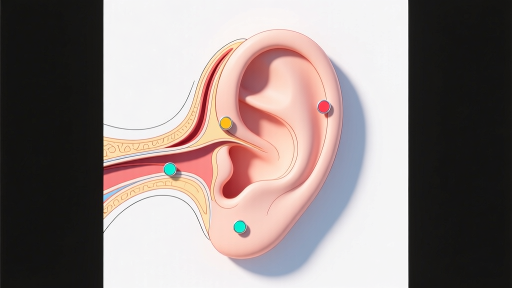 Line art diagram of ear anatomy highlighting single earring placements including the lobe, helix, and conch on a white background