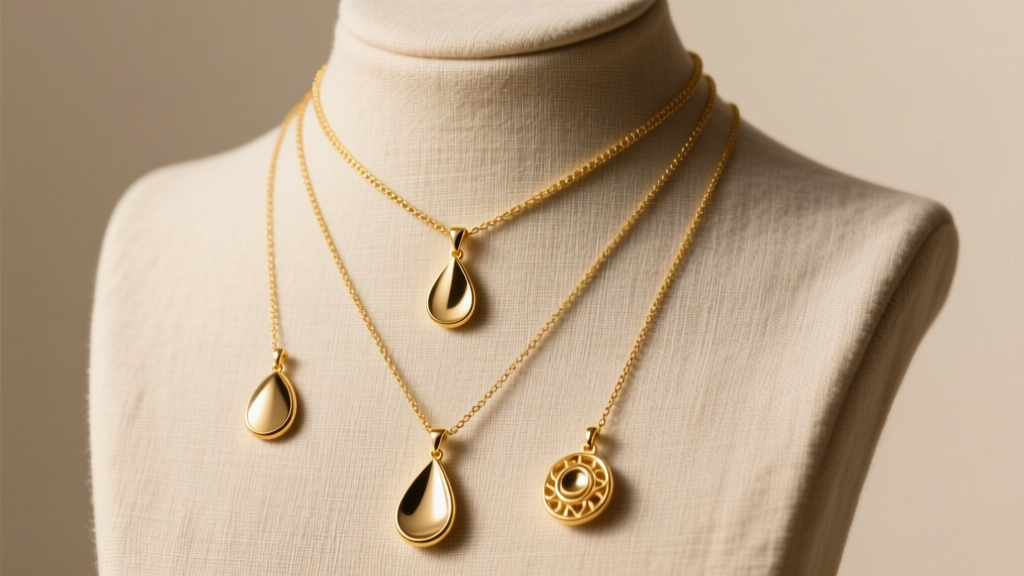 Three layered gold necklaces of varying lengths on a linen bust, demonstrating proper drop angles and even pendant spacing.