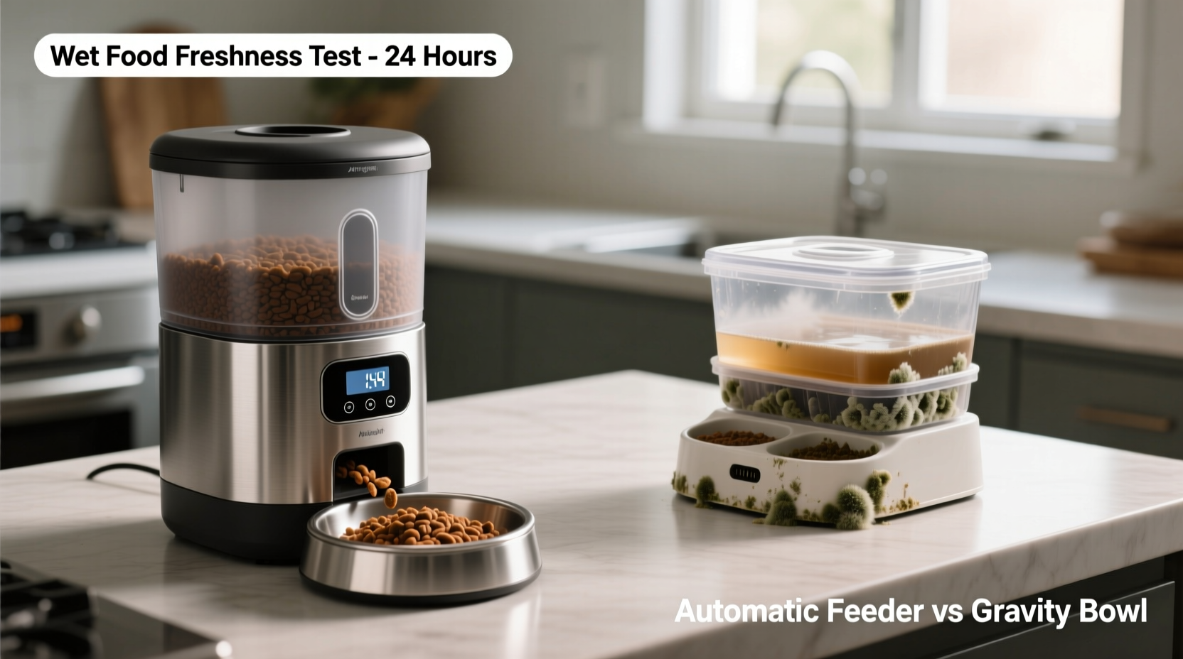 automatic cat feeder vs gravity bowl which keeps wet food fresh longer without spoilage