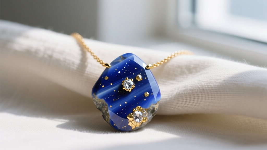 Macro shot of a raw lapis lazuli cabochon necklace showing pyrite inclusions, draped over neutral linen fabric in natural daylight.