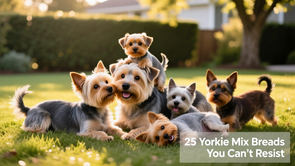 A playful group of Yorkie mixes of varying sizes and coat colors sitting together on a grassy lawn