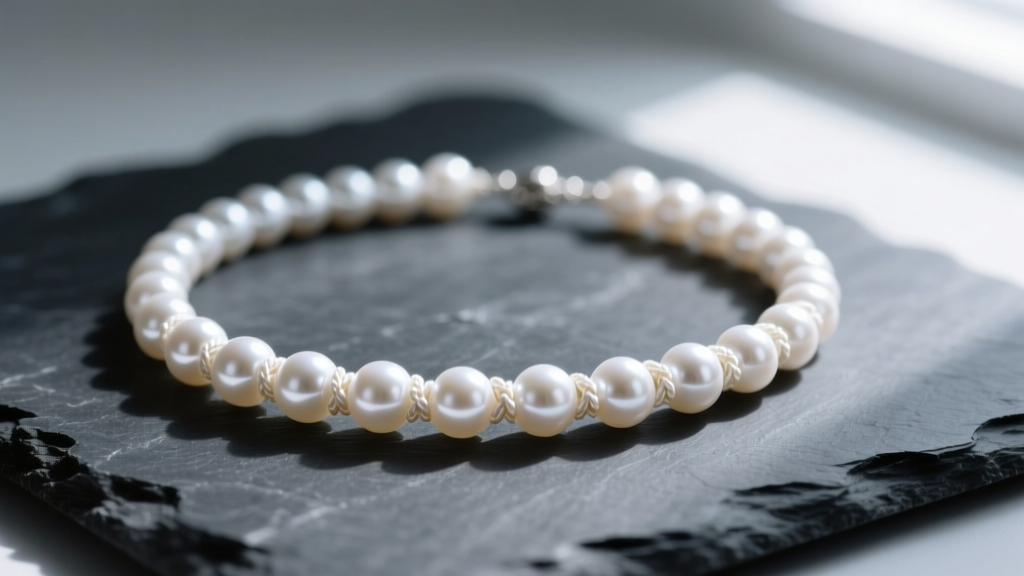 Close-up of a white akoya pearl knotted bead necklace on dark slate, highlighting tiny silk knots between each pearl in soft light.