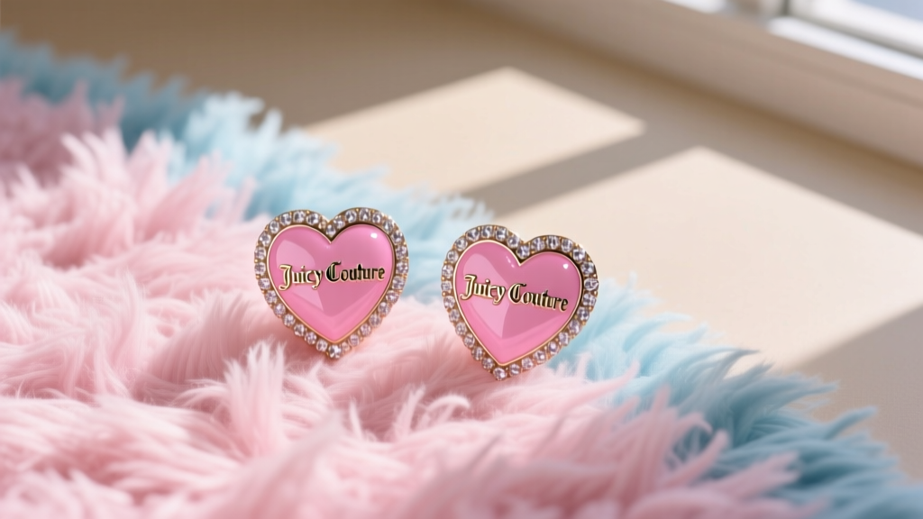 Top-down flat lay of vintage Juicy Couture pink enamel heart earrings with rhinestones resting on a fluffy Y2K-inspired rug