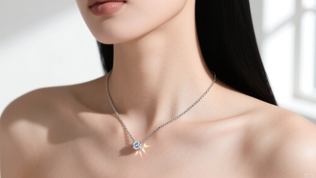A minimalist 1.2mm solid box chain holding a small 2-gram diamond solitaire pendant, worn on a model's collarbone in natural daylight.
