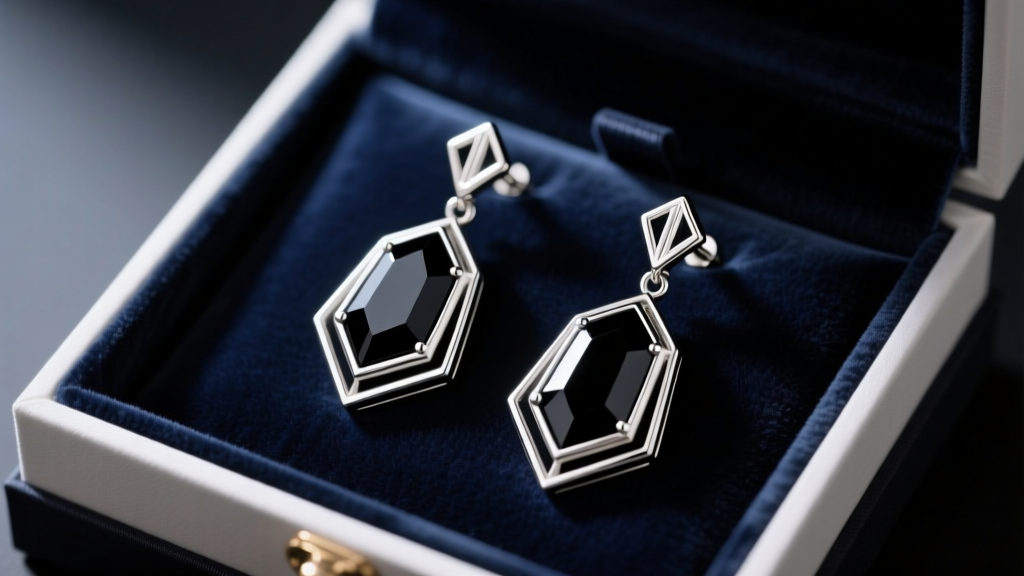 Art Deco platinum and black onyx drop earrings on dark velvet in a luxury gift box, illuminated by soft directional lighting.