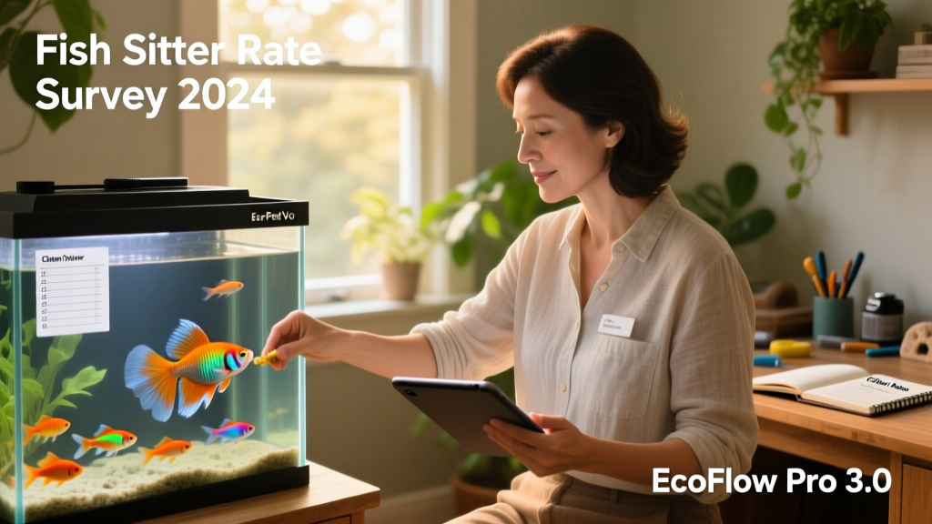 A serene home aquarium with a FurPetVo sitter gently feeding fish while checking equipment labels and logs