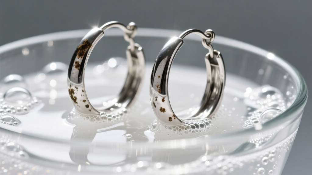 Close-up of tarnished sterling silver hoops submerged in a glass bowl with fizzy baking soda and aluminum foil cleaning bath.