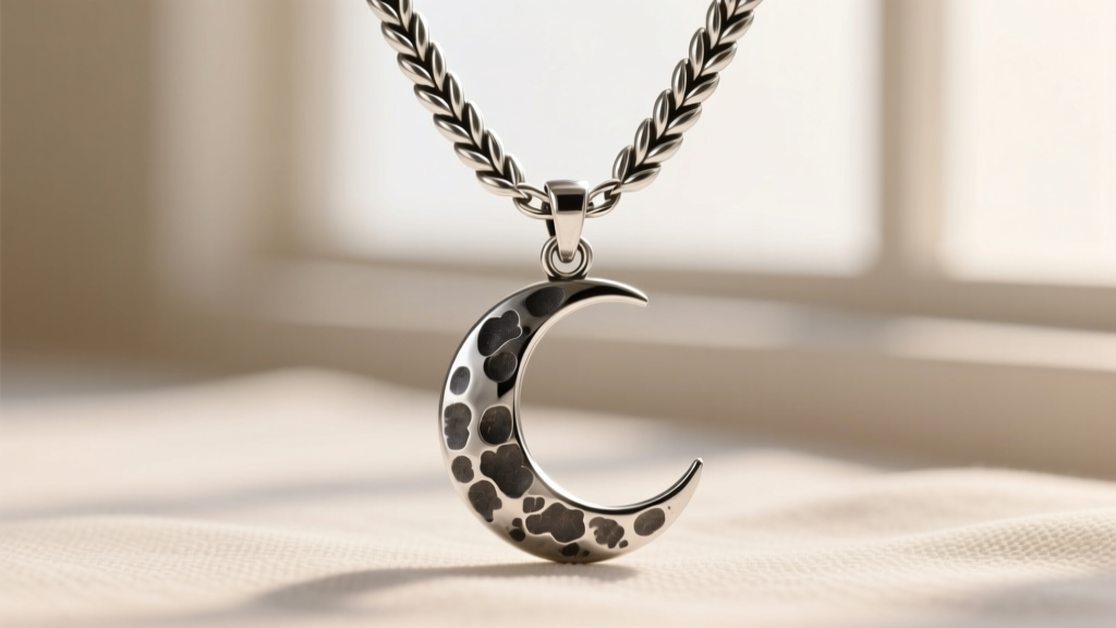 Macro photography of a 14-gauge sterling silver wheat chain threaded through the bail of a hammered oxidized crescent moon pendant