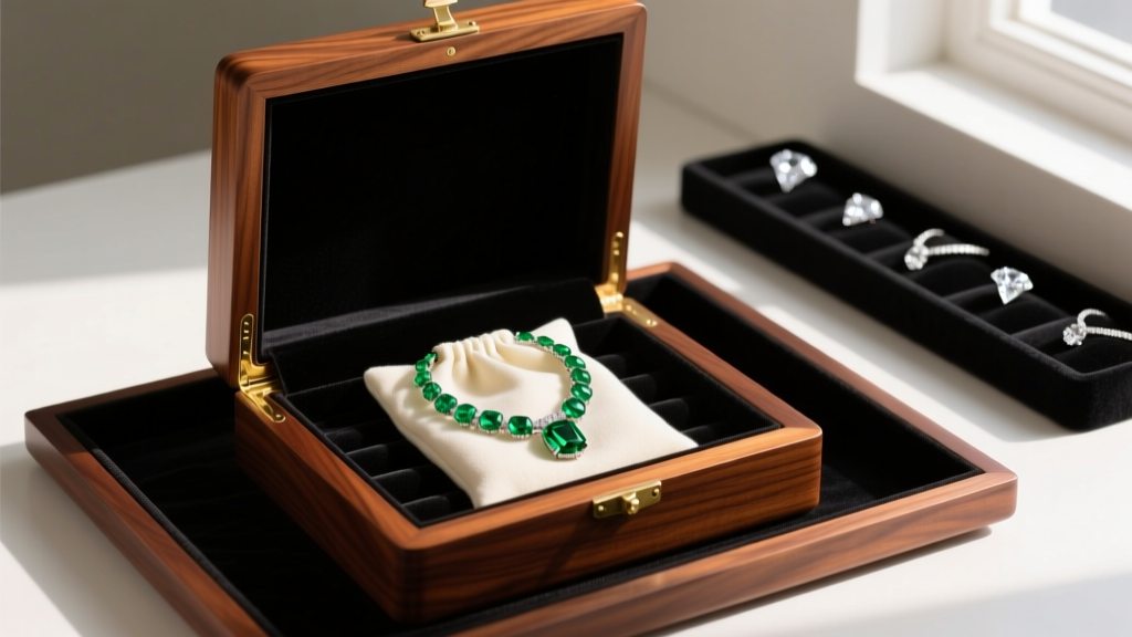 Open mahogany jewelry box showing an esmeralda necklace stored in a soft microfiber pouch, safely separated from diamond jewelry.