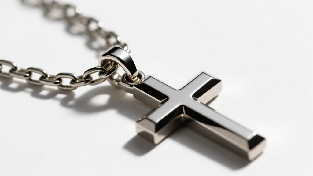 Side profile of a 2mm steel box chain threaded through a reinforced tapered bail on a heavy solid metal cross necklace.