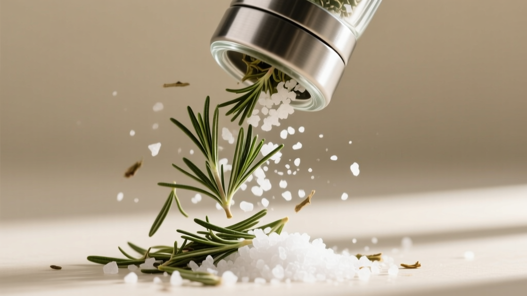 Macro shot of crushed dried rosemary and coarse sea salt falling from a stainless steel and recycled glass eco-friendly shaker