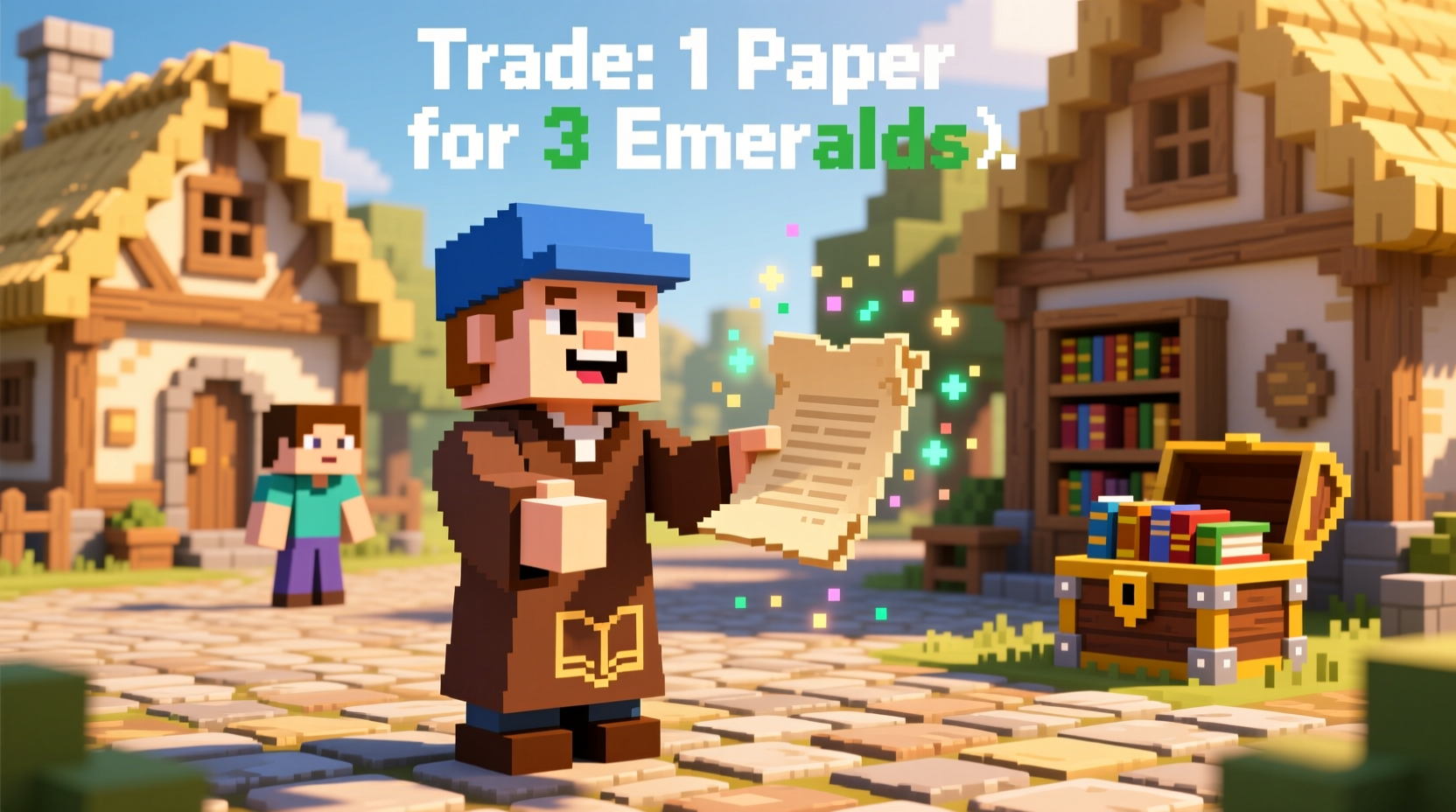 Librarian villager offering paper trade in Minecraft