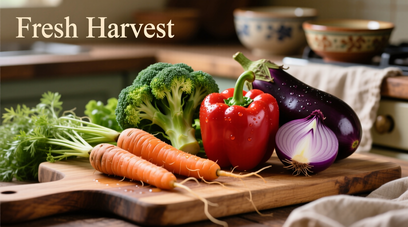 Fresh vegetables on wooden cutting board