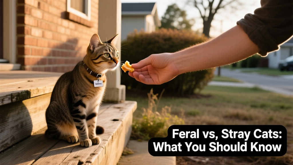 Person gently offering food to a curious stray cat sitting calmly on a porch step, with a collar visible