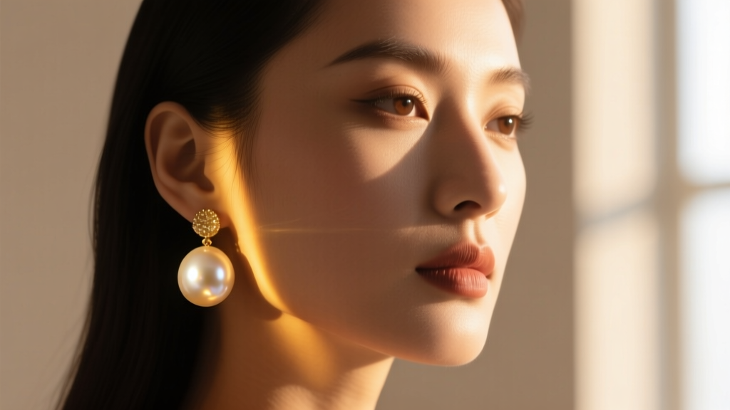 Profile of a woman wearing a large pearl drop earring, face shadowed while the pearl catches a single bright warm light source