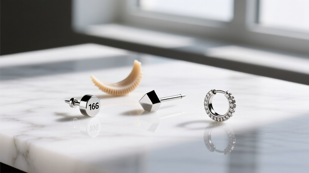 Flat lay of cartilage earrings including a 16g daith clicker, a tragus threadless end, and a small huggie hoop on white marble