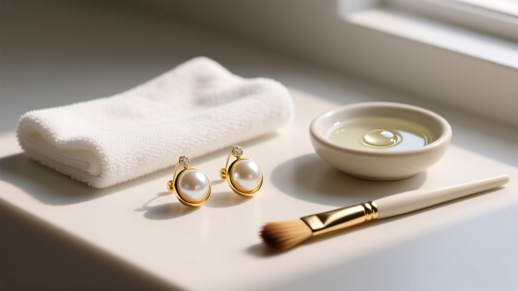 Flat lay of jewelry cleaning supplies including microfiber cloth, mild soap, and soft brush beside delicate gold pearl earrings